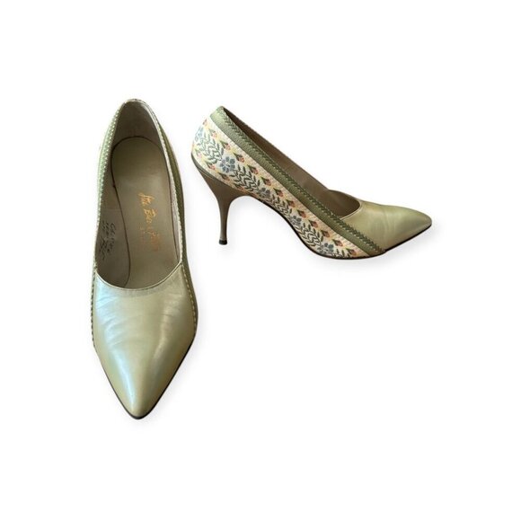 Vintage I. Miller Pumps 7.5B –Green Pearlized Leather & Floral Tapestry, 1950s - Picture 2 of 15